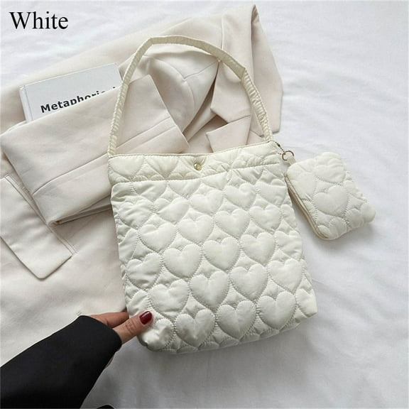 Casual Down Cotton Padded Quilted Large Capacity Handbags Shoulder Bags Tote Bags Shopping Bags WHITE