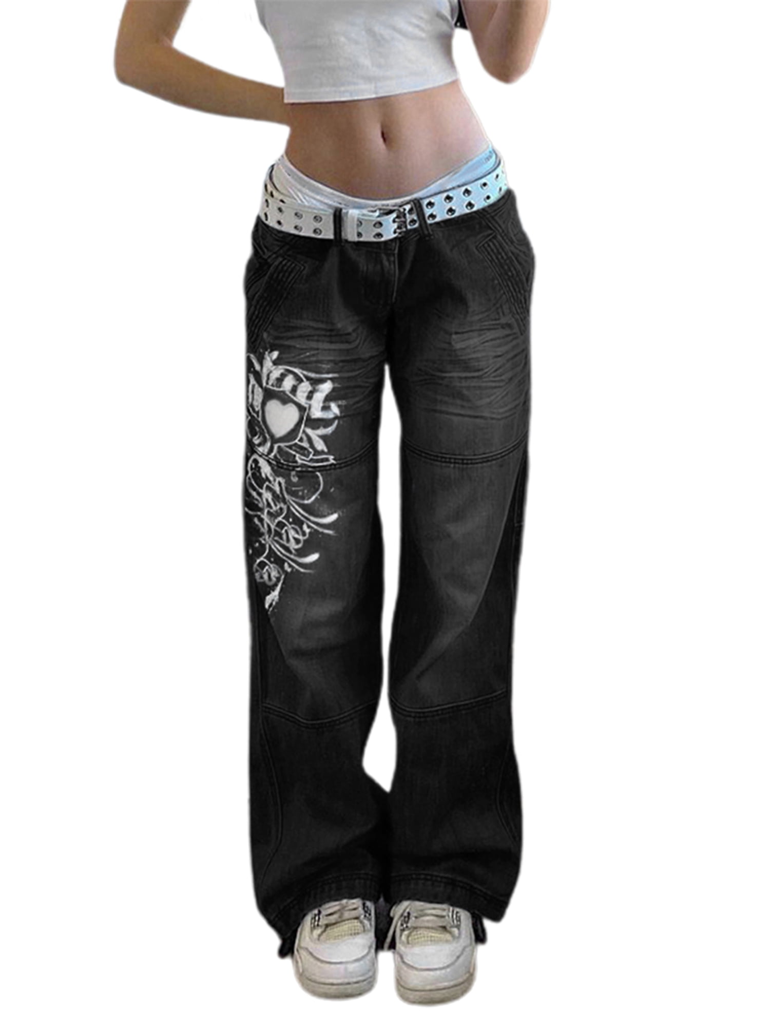 Y2K Jeans Streetwear Mens Hip Hop Print Baggy Jeans Denim Pants