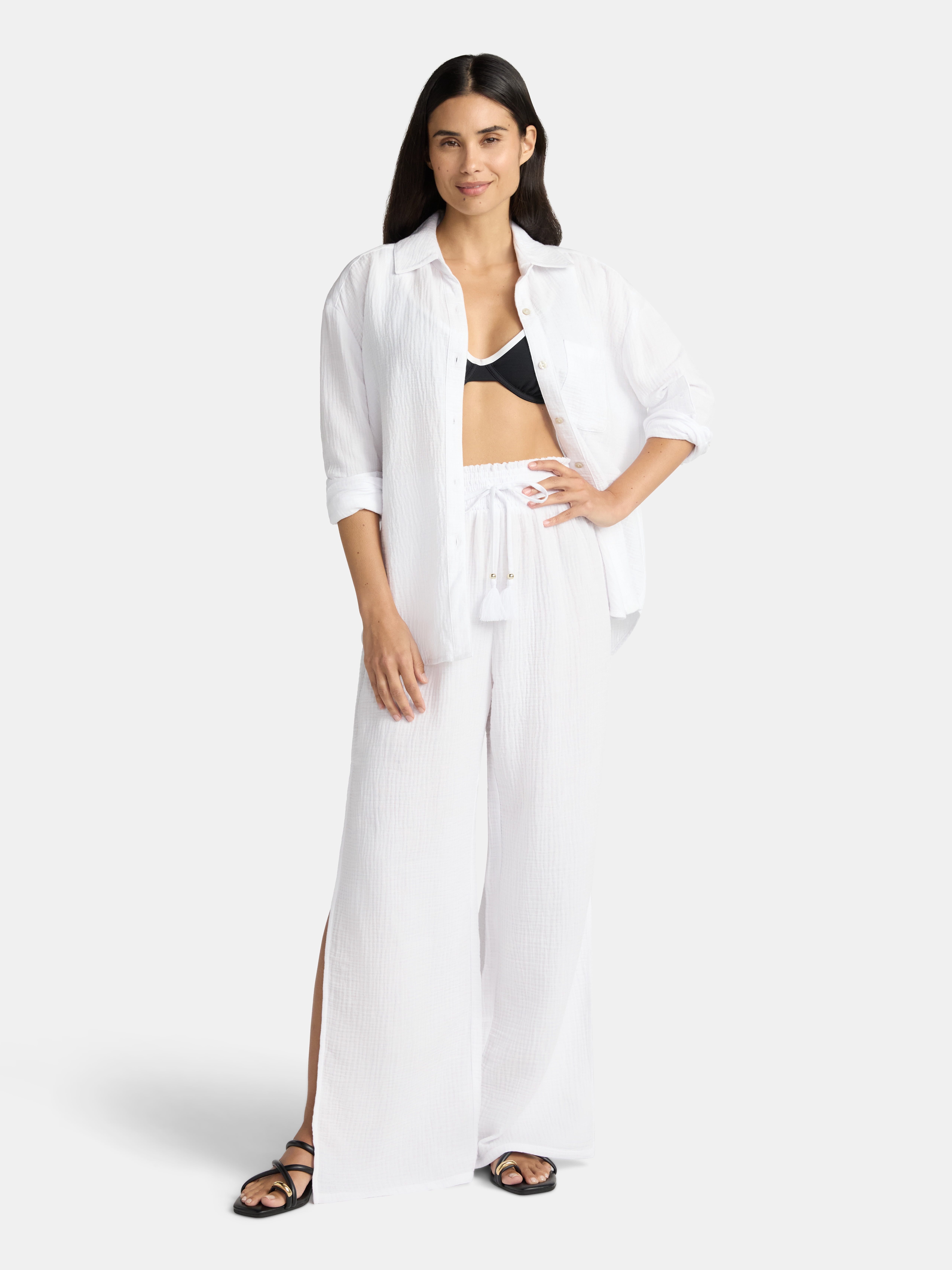 Time and Tru Women's Cotton Coverup Pants with Side Slits, Sizes XS-XL