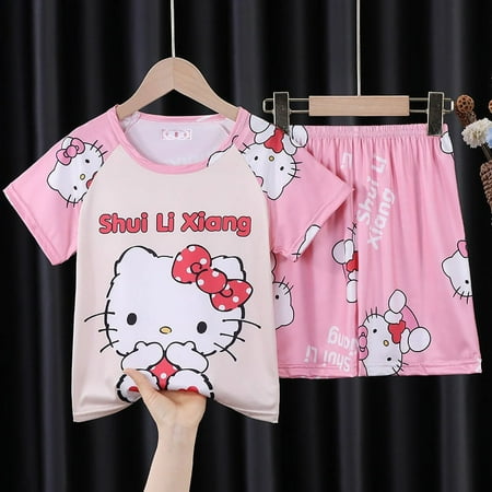 

Sanrios Anime Kawaii Kuromi My Melody Cinnamoroll Hellokittys Children Pajamas Summer Boys Girl Short Sleeve Leisure Wear Suit