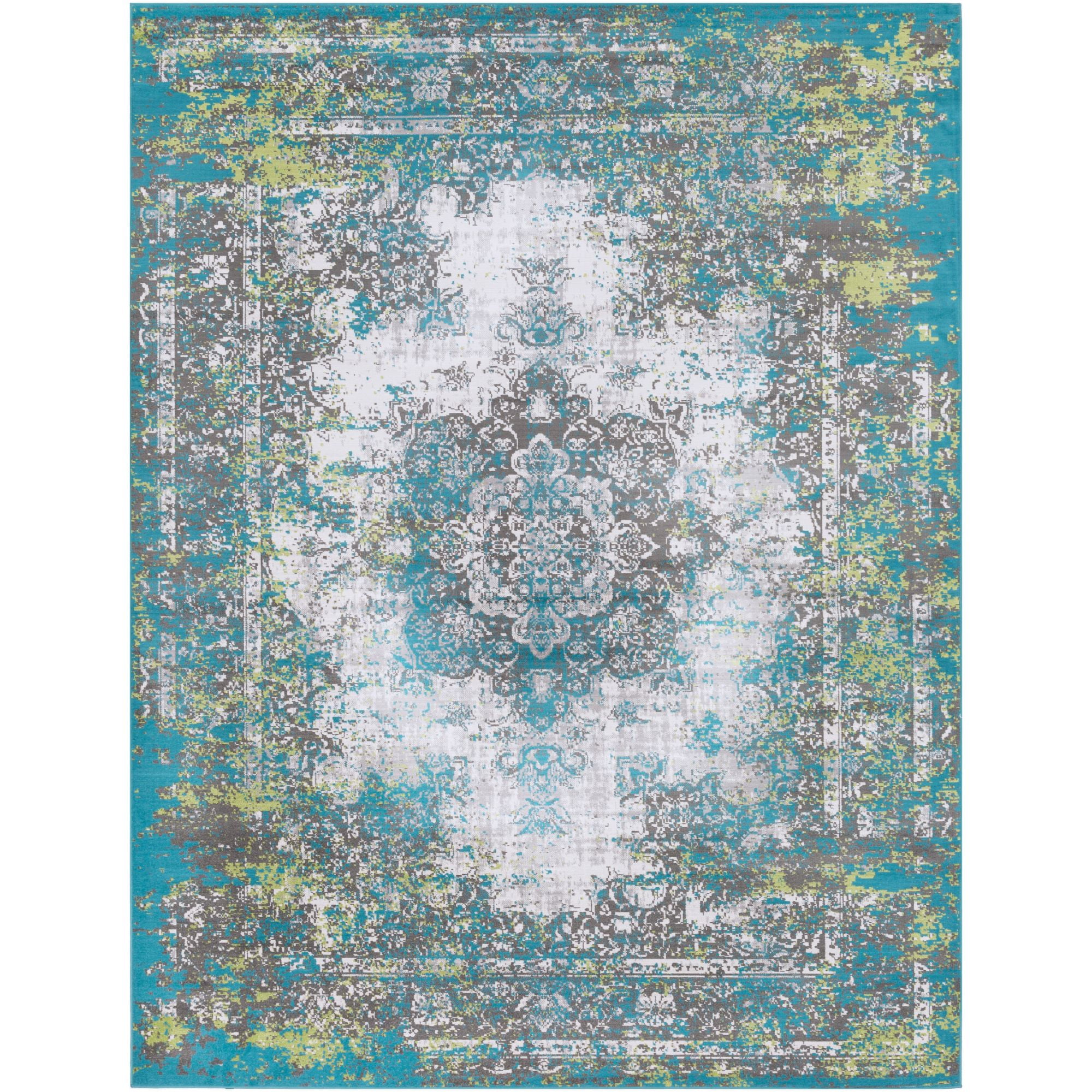 7.8' x 10.1' Distressed Finish Teal Blue and Yellow Rectangular Area