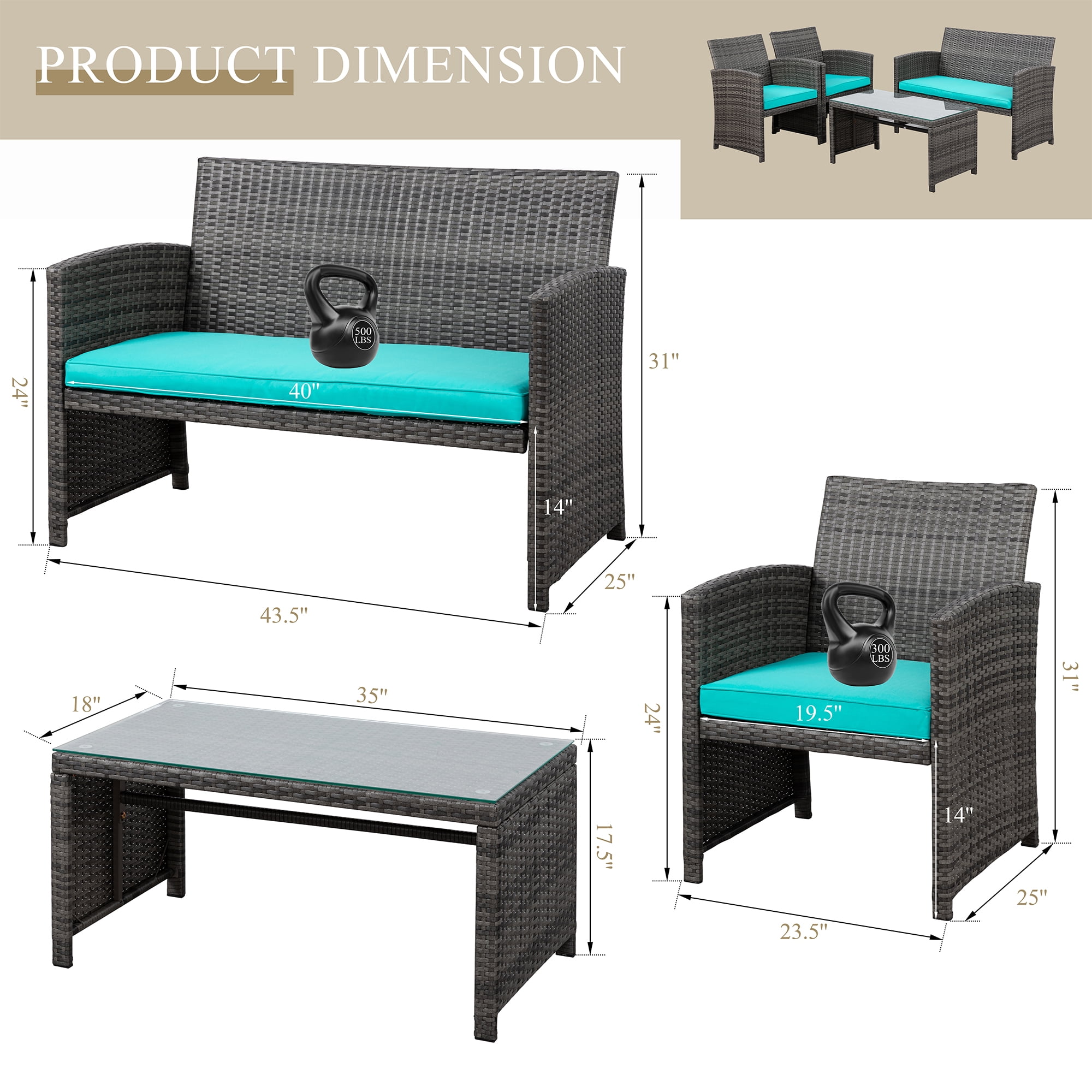 Walsunny 4-Piece Patio Rattan Furniture Set with Cushions & Tempered Glass Tabletop, Blue