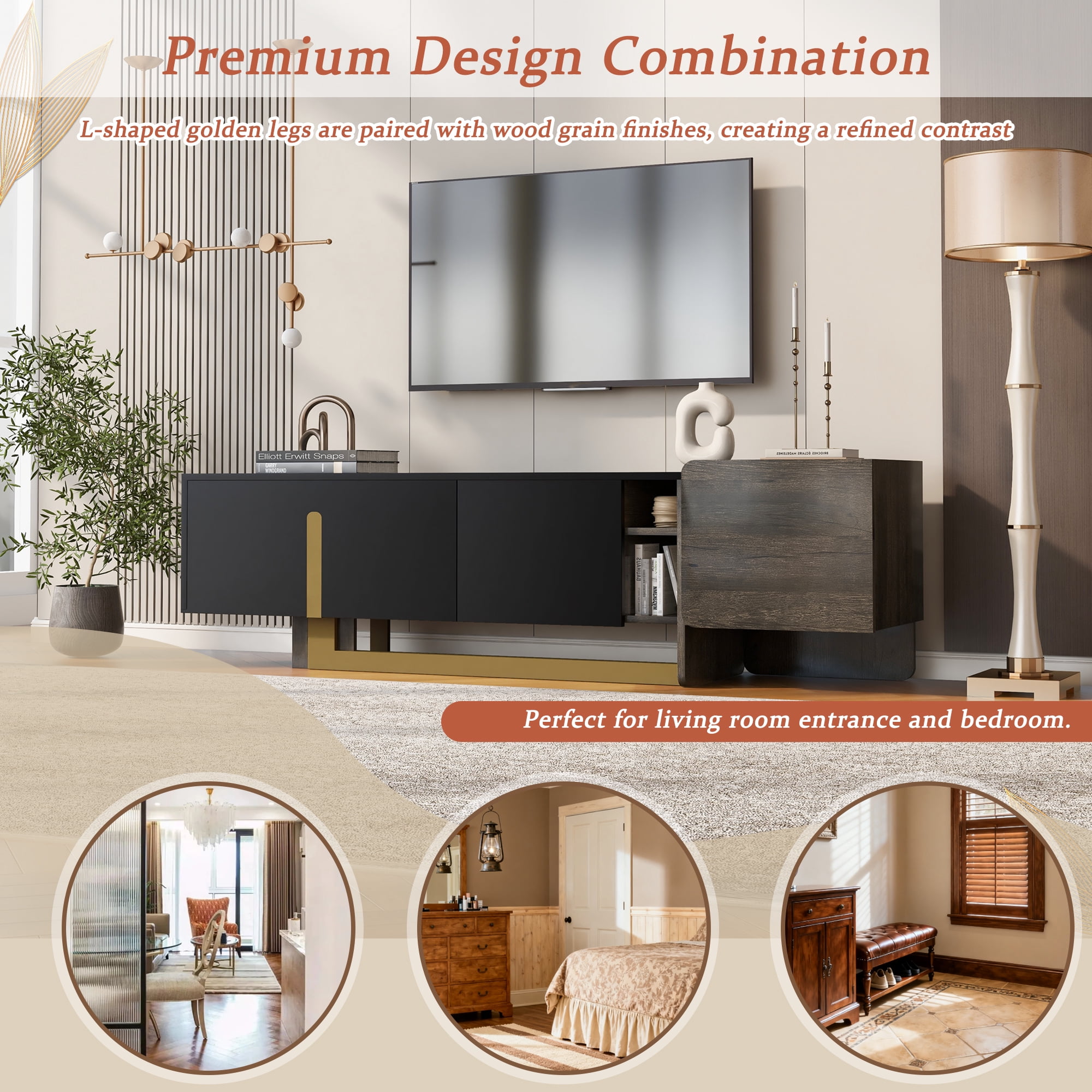 Paproos TV Stand for 70 inch tv, TV Cabinet with Drawer & Door, Living Room TV Console Entertainment Center with Open Shelves, Media Console Table Television Stand for Living Room, Black & Brown