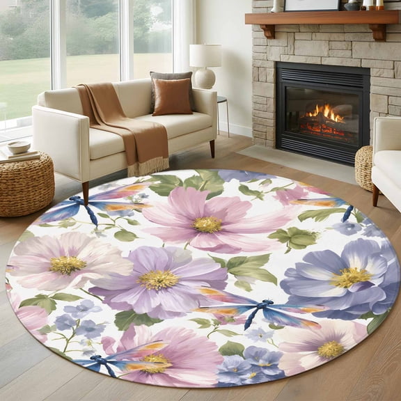 Round Rugs 7 Ft, Spring Flowers Non Slip Area Rugs for Kitchen Bedroom Entryway, Watercolor Floral Dragonflies Vintage Washable Carpet Runner Rug Floor Mats for Bedroom Home Decor