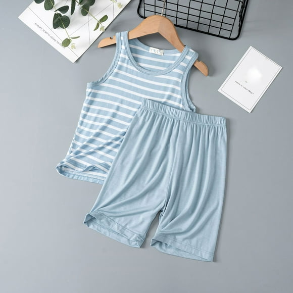 PMVFHDE Boys Outfits&Set Children's Striped Tank Shorts Two Piece Summer Boys Loose Sleeveless Pajamas Thin Girls Air Conditioned Loungewear Boy Clothes Light Blue,140