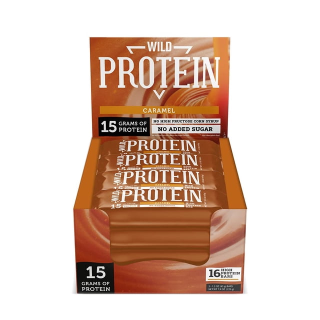 Wild Protein | Barras altas en proteína | Sabor caramelo | Pack de 16 unidades | 15 g de proteína | Sin azúcares ni grasa añadida | 45 g cada barra