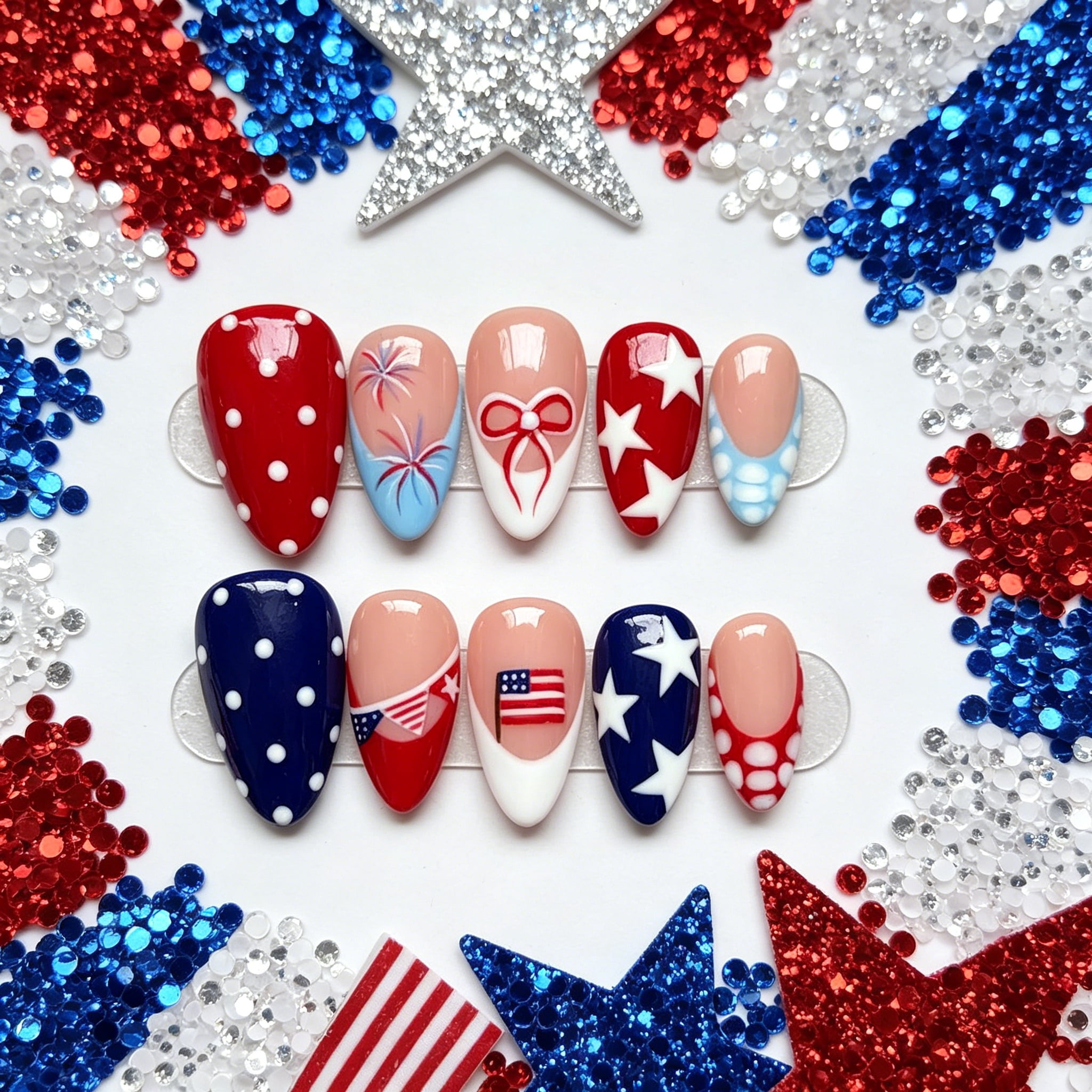 RAGUPEL 4Th of July Press on Nails Medium Almond Fake Nails Red White and Blue French Tip False Nails with Polka Dots Bow Designs American Flag Glue on Nails Independence Day Stick on Nail