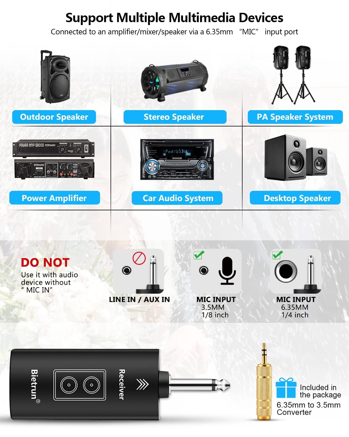 Bietrun Wireless Microphone Rechargeable, 168FT Range Bluetooth Microphone Wireless (Work 7 hrs) with 1/4'' Output, UHF Metal Handheld Dynamic Mic for Karaoke Machine/PA System/Speaker/Church/Wedding