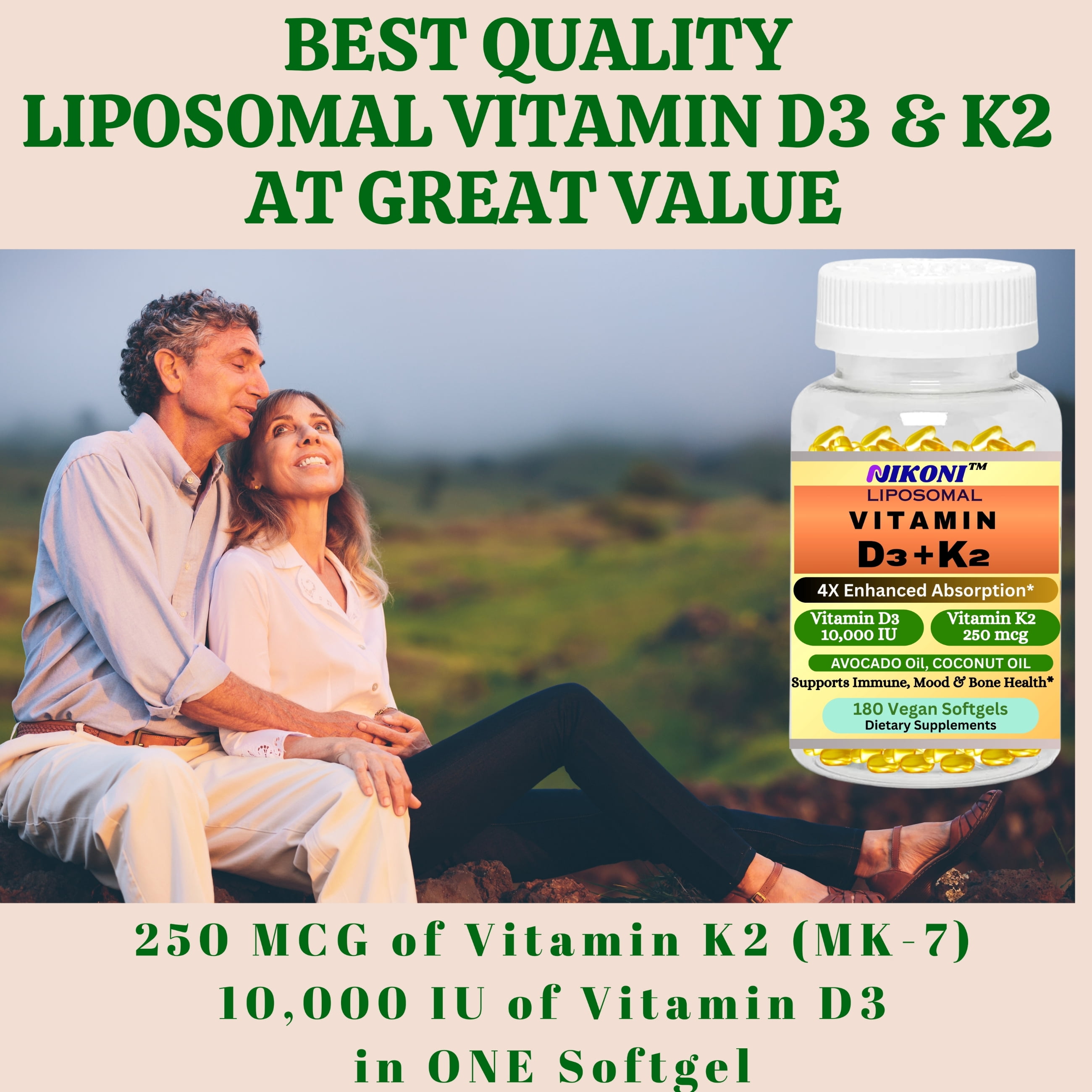 Nikoni Liposomal Vitamin D3 10,000IU + K2 Softgels Dietary Supplement, High Strength, 180 Vegan Softgels