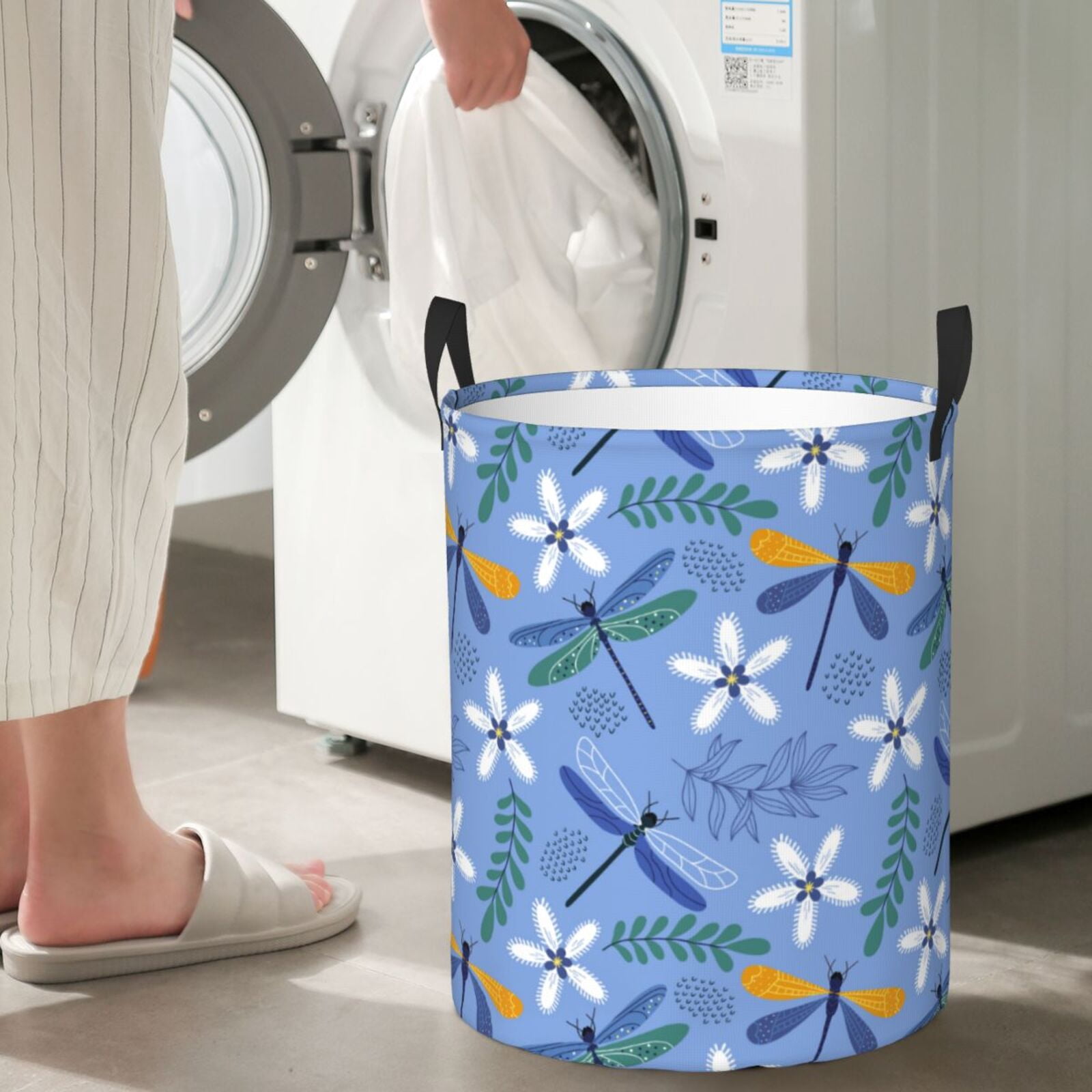 Large Laundry Basket with Handles - Dragonfly Plants Print Kids Baby Dirty Clothes Laundry Hamper for Bedroom Aesthetic