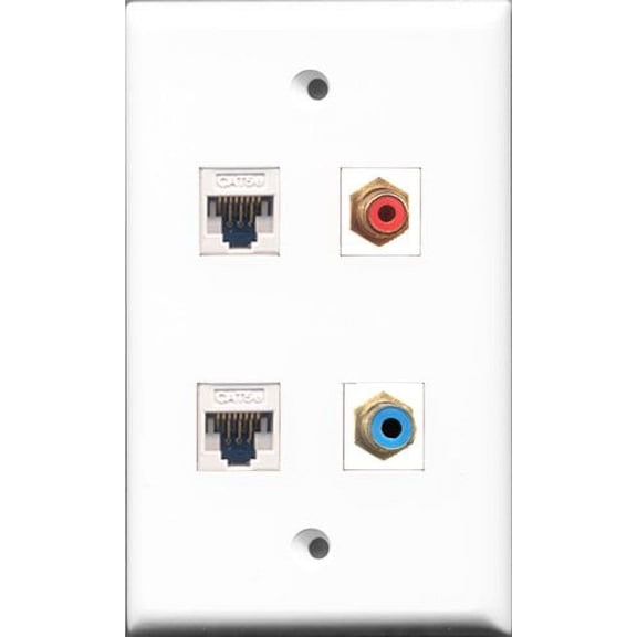 RiteAV 1 Port RCA Red and 1 Port RCA Blue 2 Port Cat5e Ethernet White Wall Plate