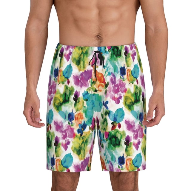 Balery Watercolor Flowers Pantalones cortos de pijama de punto de algodón para hombre con cinturilla y bolsillos-3X-Large