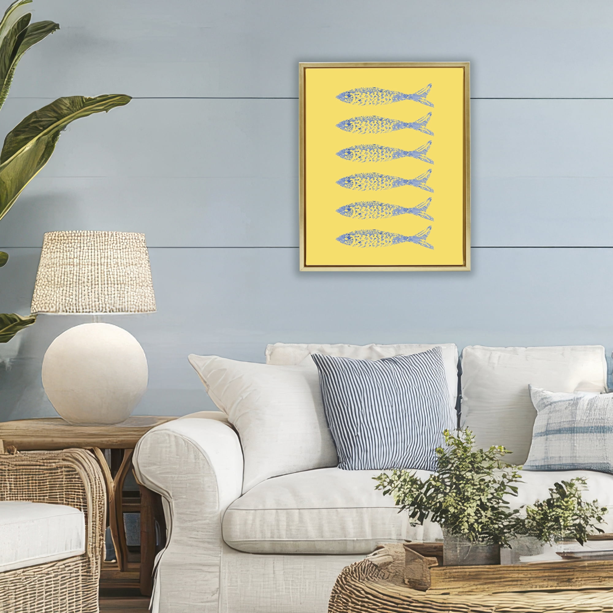 Stupell Industries Sardine Stamps on Yellow Gold Framed Floater Canvas Wall Art, design by Julie DeRice