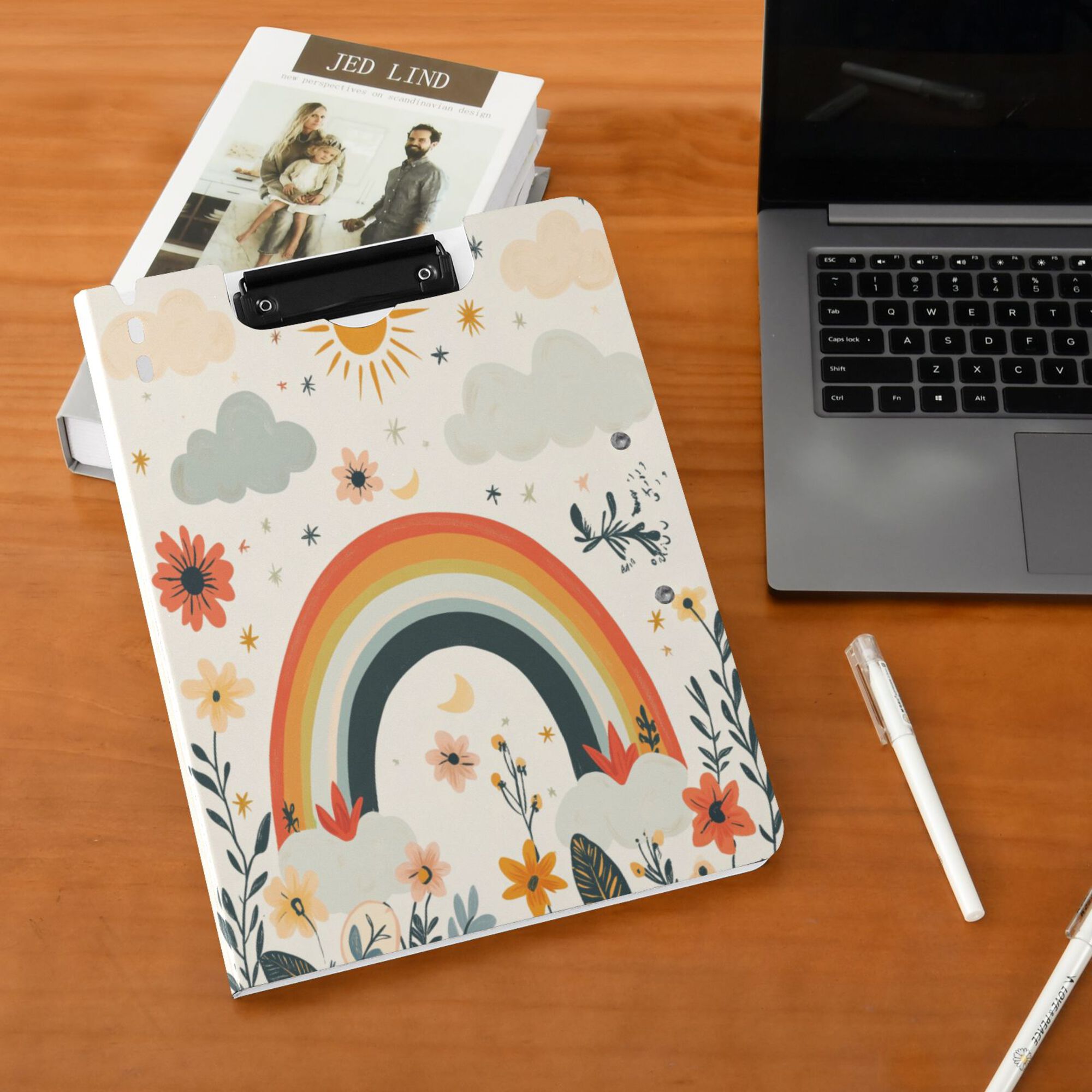 FORMRS A4 Clipboard Folder with Pen Holder Horizontal Foldable School Office Binder, Cute Rainbow