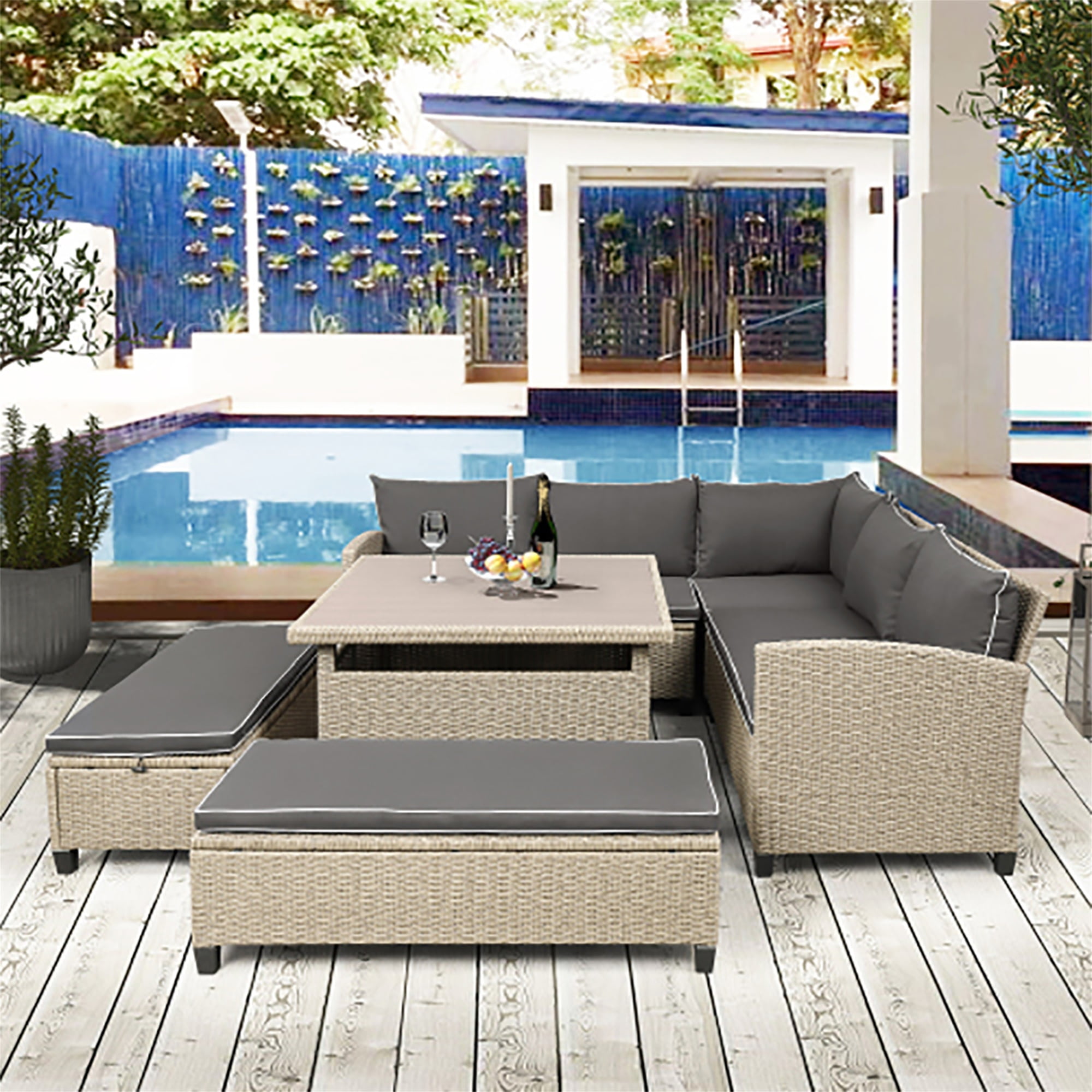 Kadyn 6 Piece Outdoor Patio Furniture Set, Sofa Sectional with Table and Chairs, All Weather Wicker Conversation Set, Gray