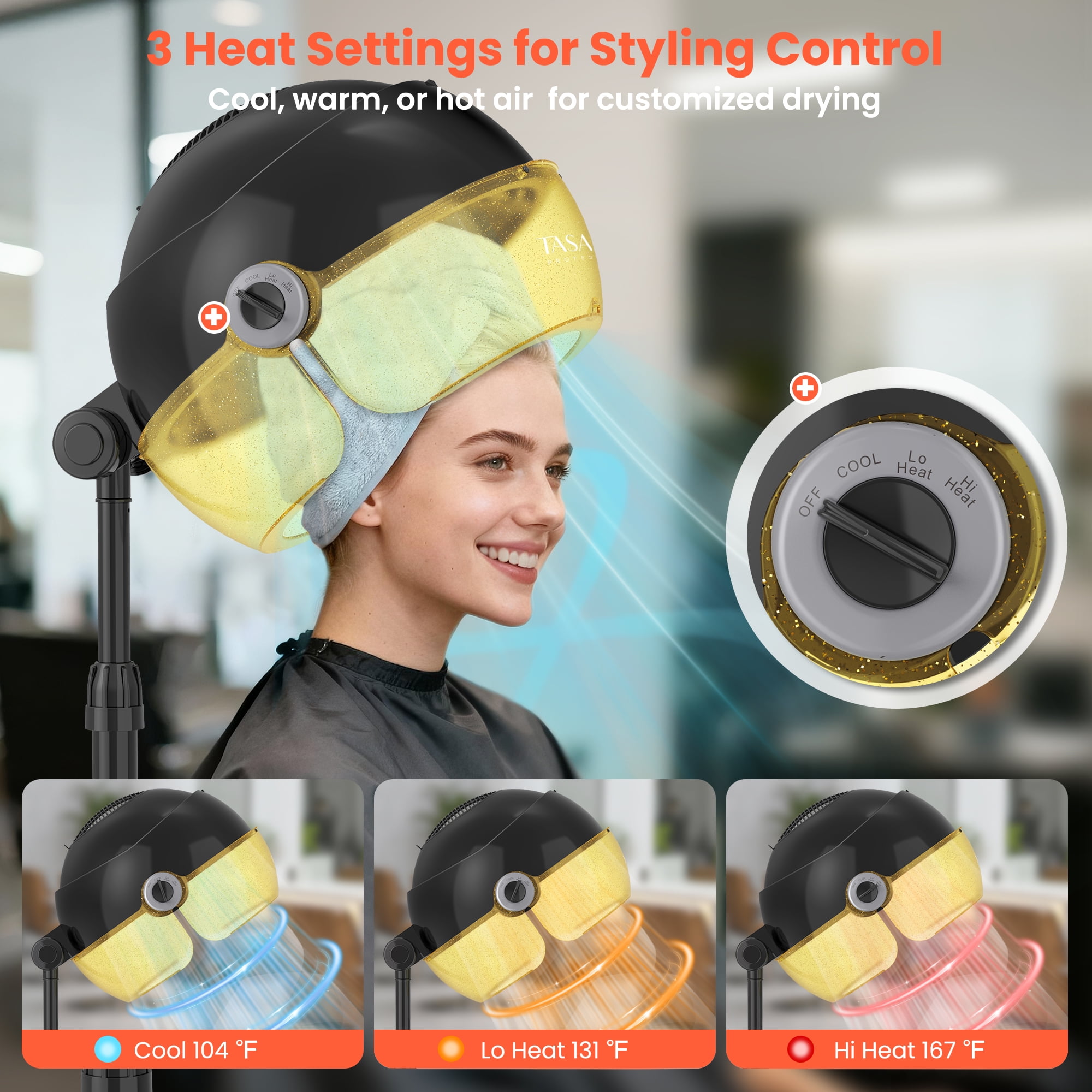 TASALON 1875W Ionic Hood Hair Dryer with Adjustable Stand, 3 Temperature Settings, Rolling Wheels, and Timer-Gold