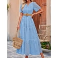 thumbnail image 4 of Women'S Summer Short Sleeve Maxi Dress Casual V Neck Hollow Out Eyelet Ruffle Swing A Line Long Dresses Light Blue M, 4 of 8