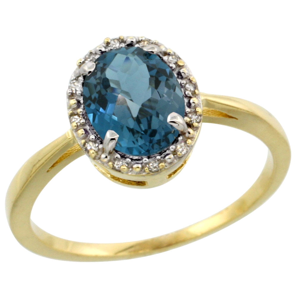 10k Yellow Gold Natural London Blue Topaz Ring Oval 8x6 mm Diamond Halo, sizes 5-10 by WorldJewels