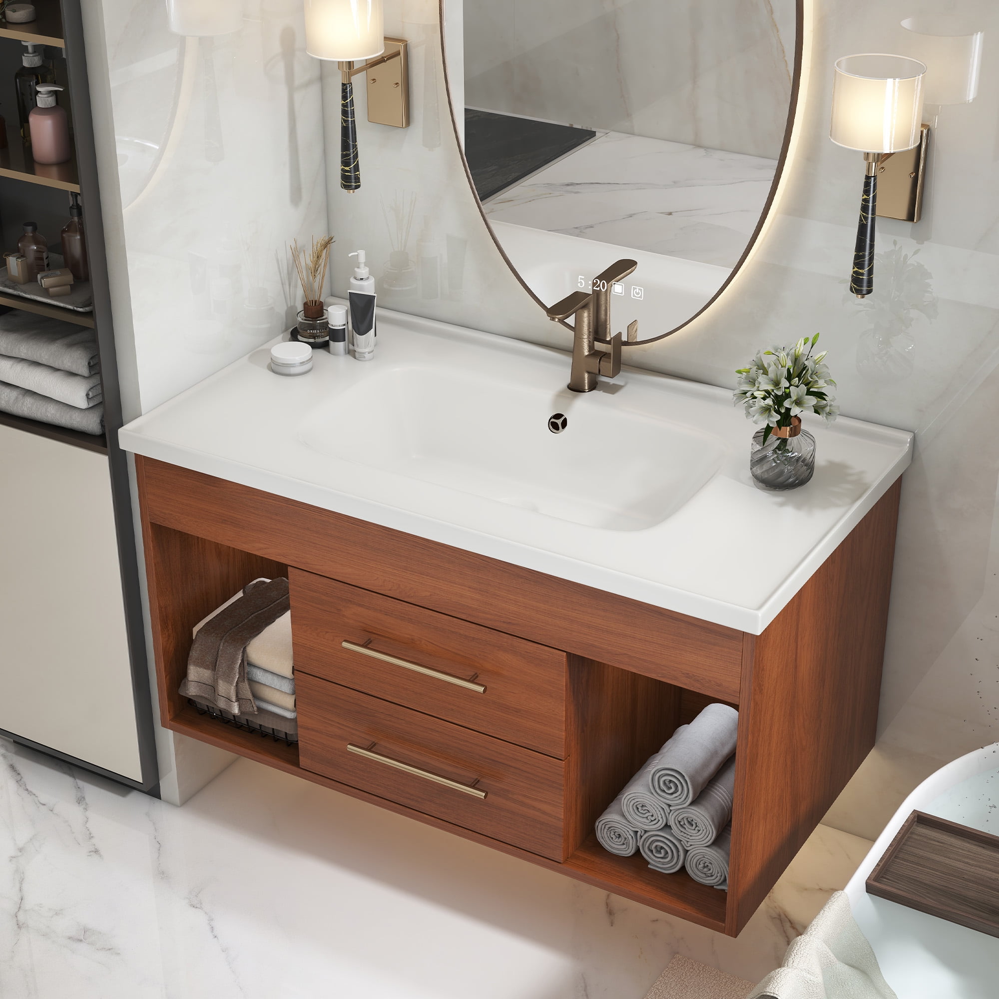 35.4" Mid-Century Modern Bathroom Vanity with Integrated Ceramic Sink, Freestanding Vanity with 2 Drawers & Open Shelf, White and Walnut