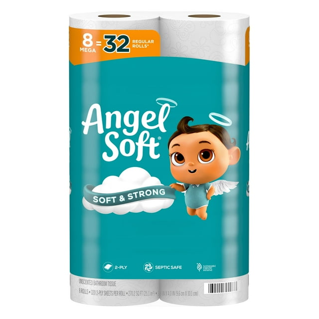 Papel higiénico Angel Soft de 8 mega rollos, suave y resistente
