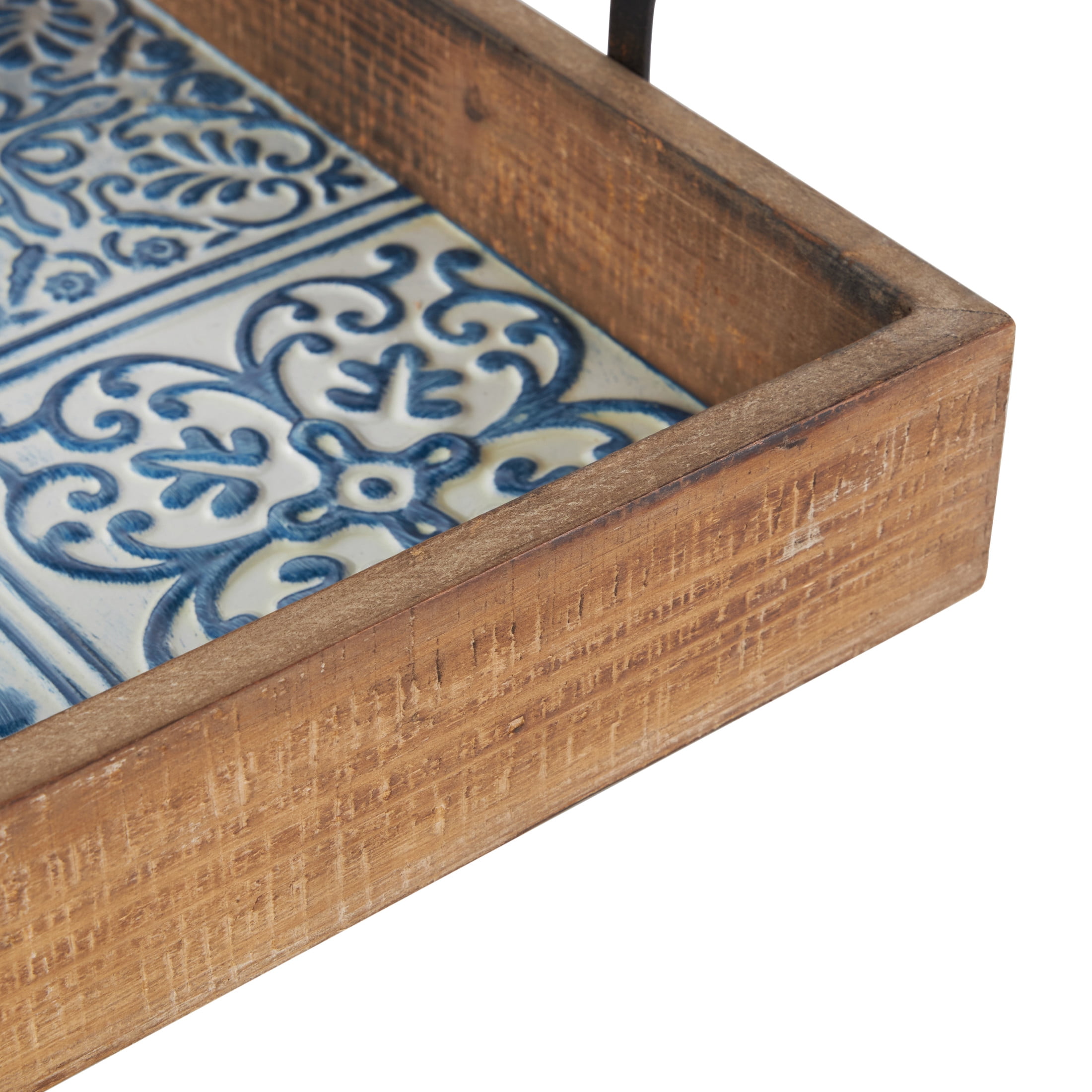DecMode 23", 19"W Brown Wood Floral Tray with Tile Patterns, 2-Pieces