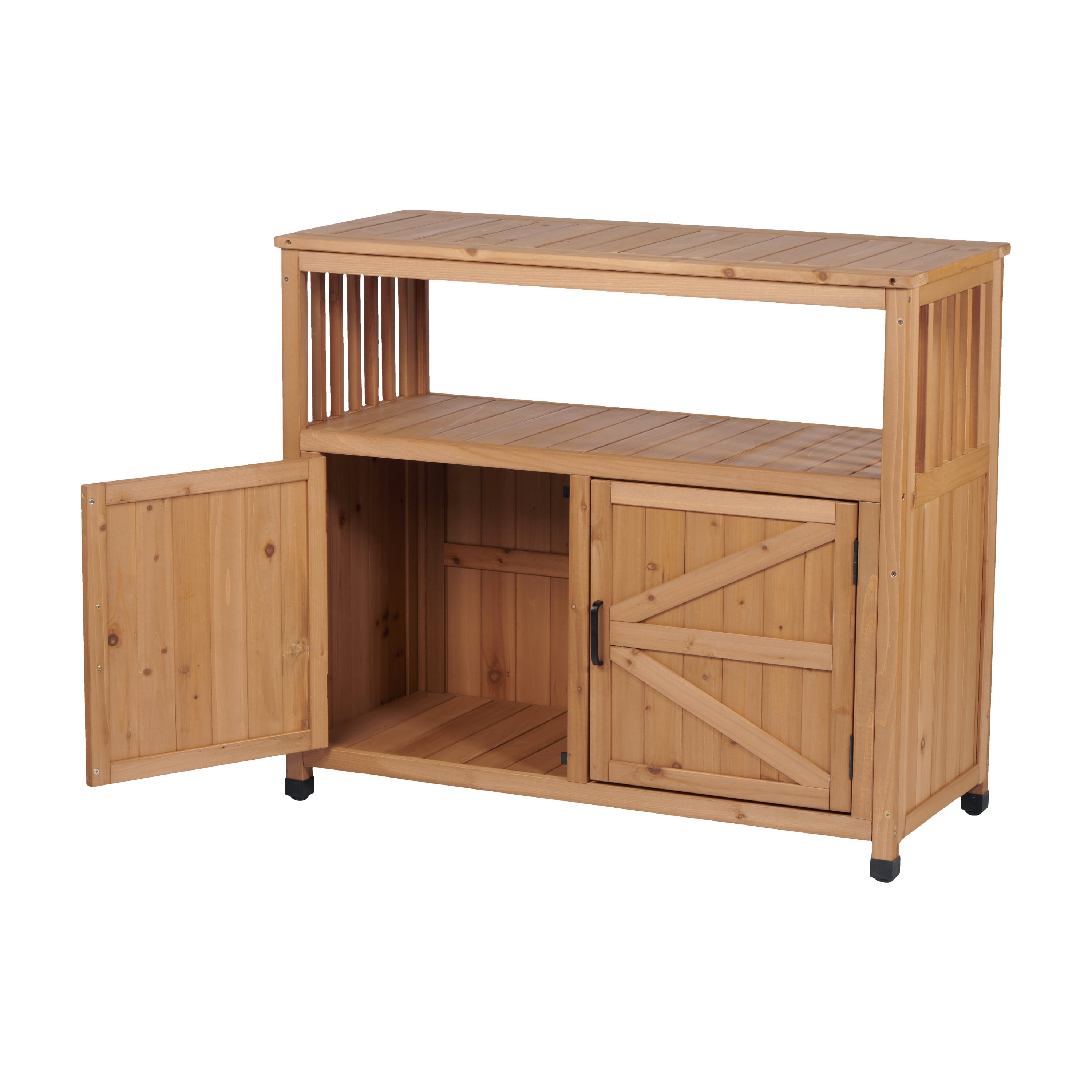 Wooden Patio Bar Table with Storage Cabinet, Outdoor Buffet Sideboard and Serving Station with Slatted Design, Light Brown