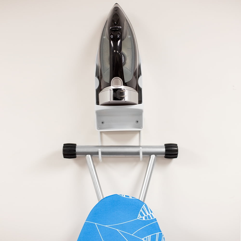 Wall Mount Ironing Board with Built-In Accessory Hooks, White