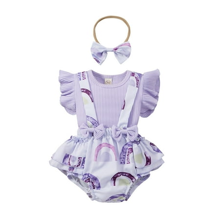 

AIMAOMI Toddler Baby Girls Solid Tops+Rainbow Printed Suspender Shorts Outfits H