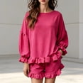 thumbnail image 2 of DHFJKG 2 Piece Outfits For Women Summer Shorts Set Ruffle Long Sleeve Loose Fit Solid Color T Shirt And Shorts Matching Sets Trendy Outfit, 2 of 5