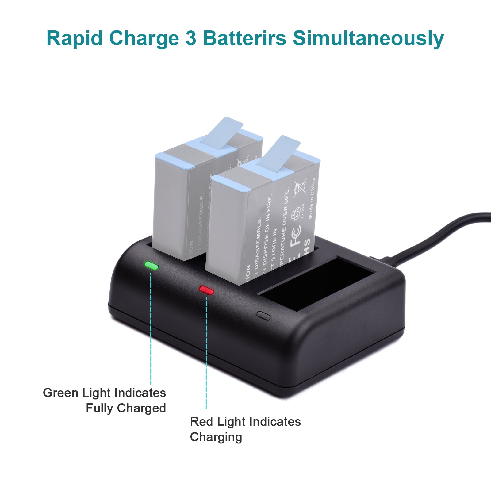 Action Camera Battery 3-slot Fast Charging with Micro USB & Type-C Input for GoPro Hero 9 10 Batteries - Walmart.com