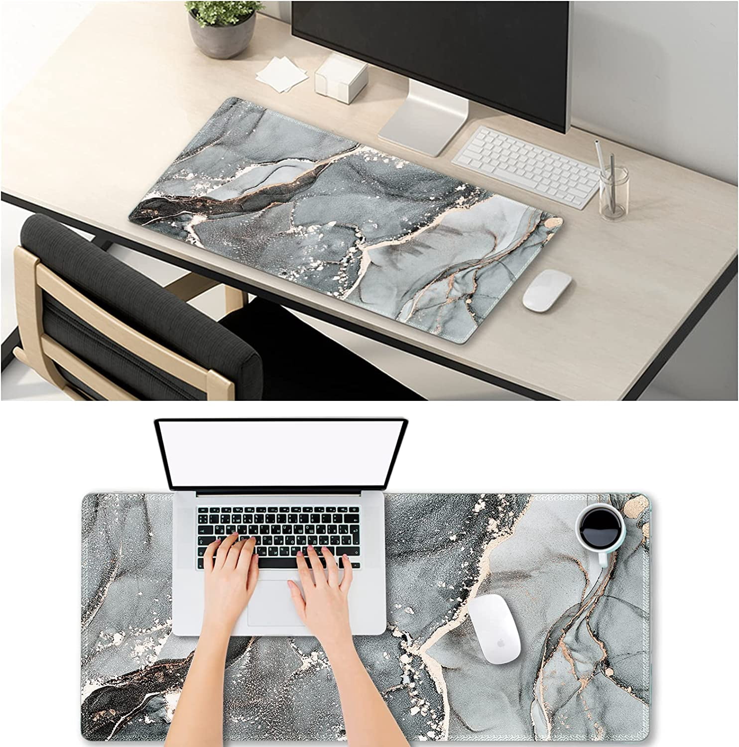 Extended Gaming Mouse Pad XXL Large Keyboard Mat Long Mousepad Desk Decor Writing Pad Non Slip Rubber Base Stitched Edges for Work, Game, Office, Home, 35.1" x 15.7" , Green Blue Marble