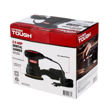 HYPER TOUGH 2.5 AMP CORDED 5 INCH ORBITAL SANDER WITH DUST BAG, VACUUM HOSE ADAPTER & 3 SANDING SHEETS, NEW CONDITION