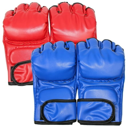 2 Pairs Adult Boxing Gloves,PU Leather,EVA Padding,Half-Finger MMA Combat Training Gloves, for Punching,Sparring,Kickboxing,Mixed Martial Arts(Red & Blue)