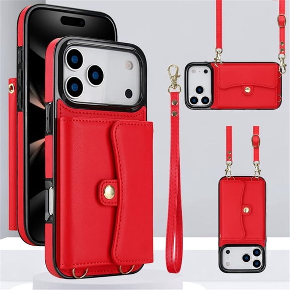 For iPhone 17 Pro Max RFID Blocking Protective Purse Wallet Case Magnetic Organ Style Flip Cover Multi-Card Slots Pocket With Detachable Shoulder Strap And Wrist Strap,Red,For iPhone 17 Pro Max