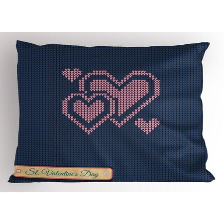 Valentines Day Pillow Sham Digital Knit Wear Like Pattern with Hears and Search Bar Modern, Decorative Standard Queen Size Printed Pillowcase, 30 X 20 Inches, Navy and Pink, by Ambesonne