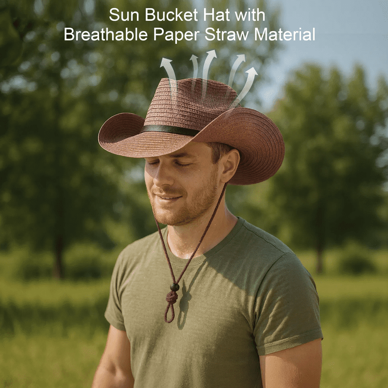 Dowellia Khaki Foldable Straw Sun Hat for Men Wide Brim  display picture 1
