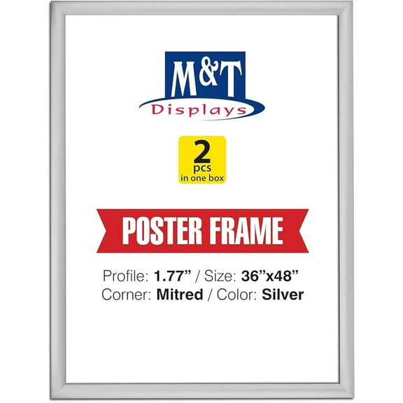 M&T Displays Picture Frame 36x48 Inch, Front Loading Diploma Frame, Silver Color 1.77" Aluminum Profile Size, 2 Packs