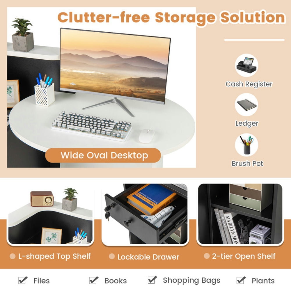 Demi Bonn Front Reception Office Desk with Open Shelf and Lockable Drawer, Small Home Computer Desk Study Writing Table, White + Black