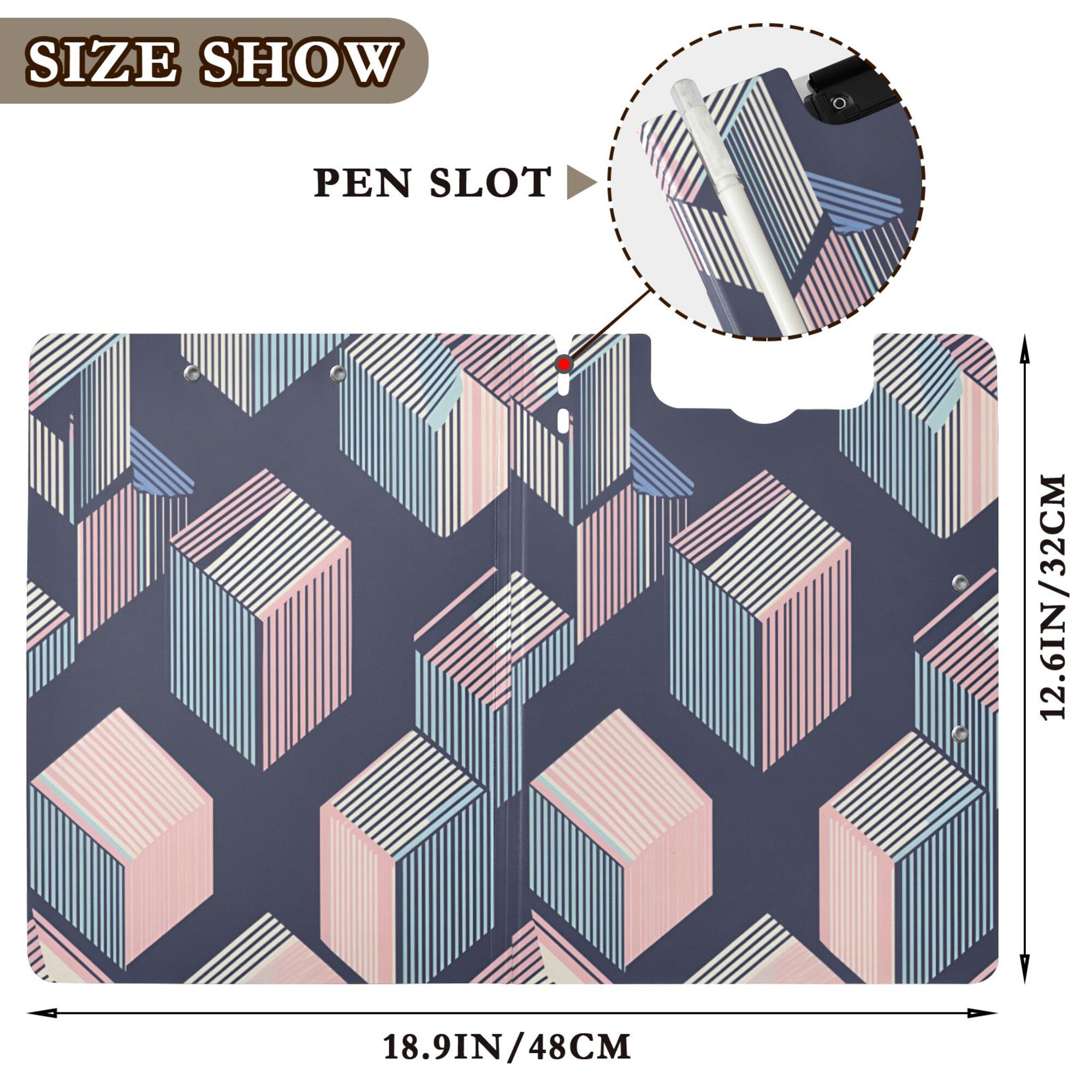 FORMRS A4 Clipboard Folder with Pen Holder Horizontal Foldable School Office Binder, Dark Cubes
