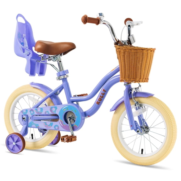 Rully 12 inch Girls Bike with Training Wheels, Kids Bicycle with Basket and Doll Seat, Adjustable Seat Height, Ages 2-4, Purple