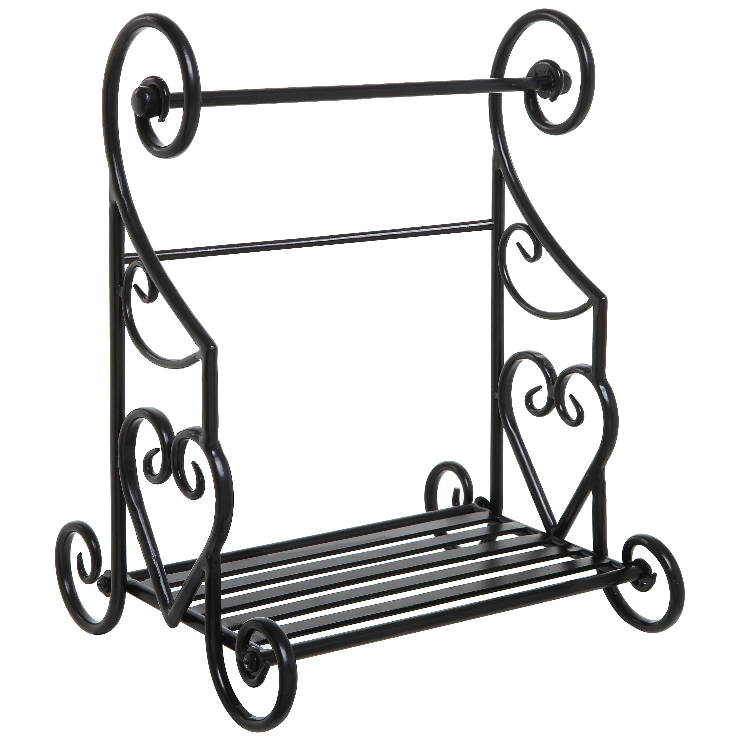 MyGift Gothic Paper Towel Holder Heart Scroll Metal Paper Towel Holder Stand with Slatted Condiment Shelf Rack, Black Decorative Kitchen Decor Accessories