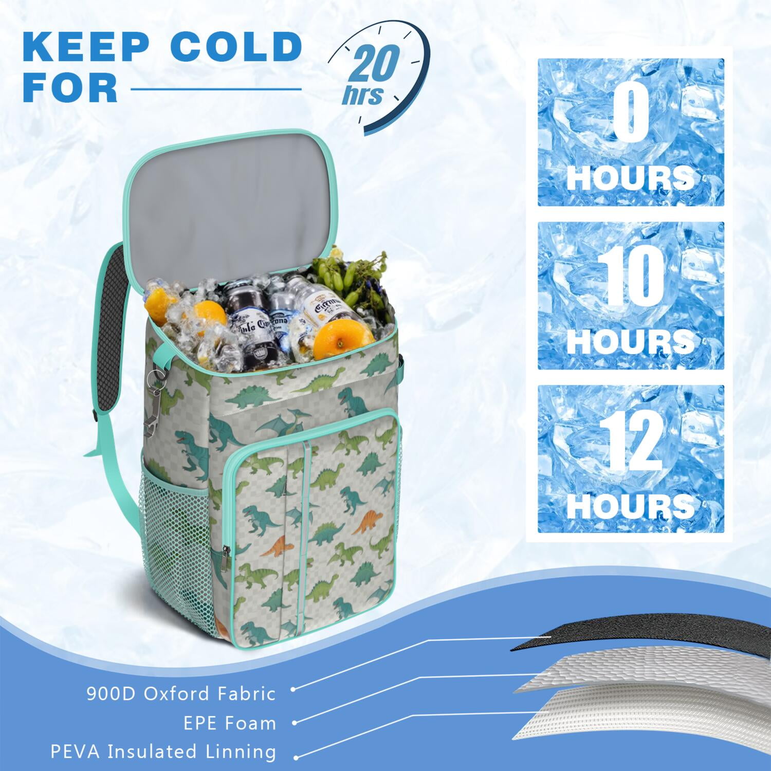 Travel Cooler Bag - Dinosaurs Pattern Camping Beer Cooler Backpack with Bottle Opener- Waterproof Insulated Picnic Backpacks - Cooler Bag for Beach