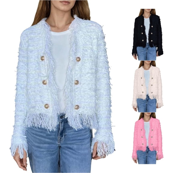 Unir Frayed Edge Button Front Tweed Blazer for Women, Long Sleeve Cropped Fit, Casual Everyday Outerwear, 1 Piece, XS-3XL, Plus Size Friendly