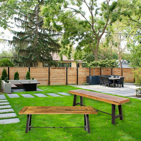 Outdoor Bench Garden Wood Bench 、Patio Dining Bench Weatherproof, Wooden Park Front Porch Benches for Outside, Backless Acacia Wood Bench Long Narrow Clearance, Teak