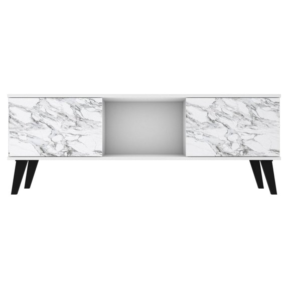 Manhattan Comfort Doyers 70.87 Mid-Century Modern TV Stand in White and Marble Stamp