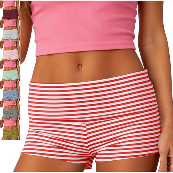 MLCDZ Womens Striped Print Fold Over Shorts Elastic Waist Y2k Lounge Shorts Cute Loose Pajama Micro Bottoms Mini Short Pants