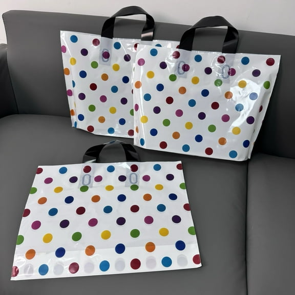 50 pcs white plastic gift bags with colorful polka dots & black handles - durable & stylish
