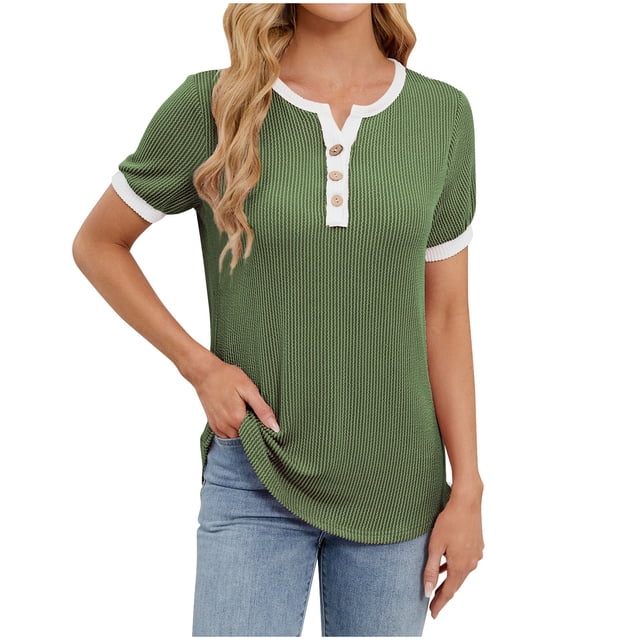 hotojiny Spring Tops for Women Casual Color Block Textured Loose Shirt Trendy Button V Neck Work Business Blouse Summer Clothes