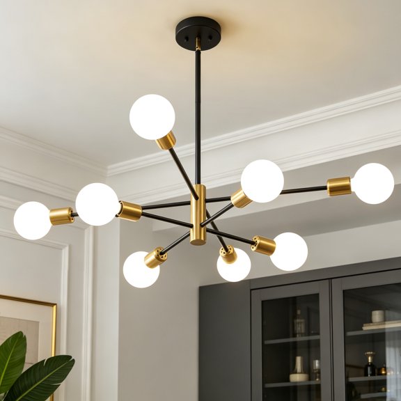 Deyidn 8-Light Sputnik Chandelier with Adjustable Height, Modern Black Gold Ceiling Light Fixture for Dining Room Kitchen Island