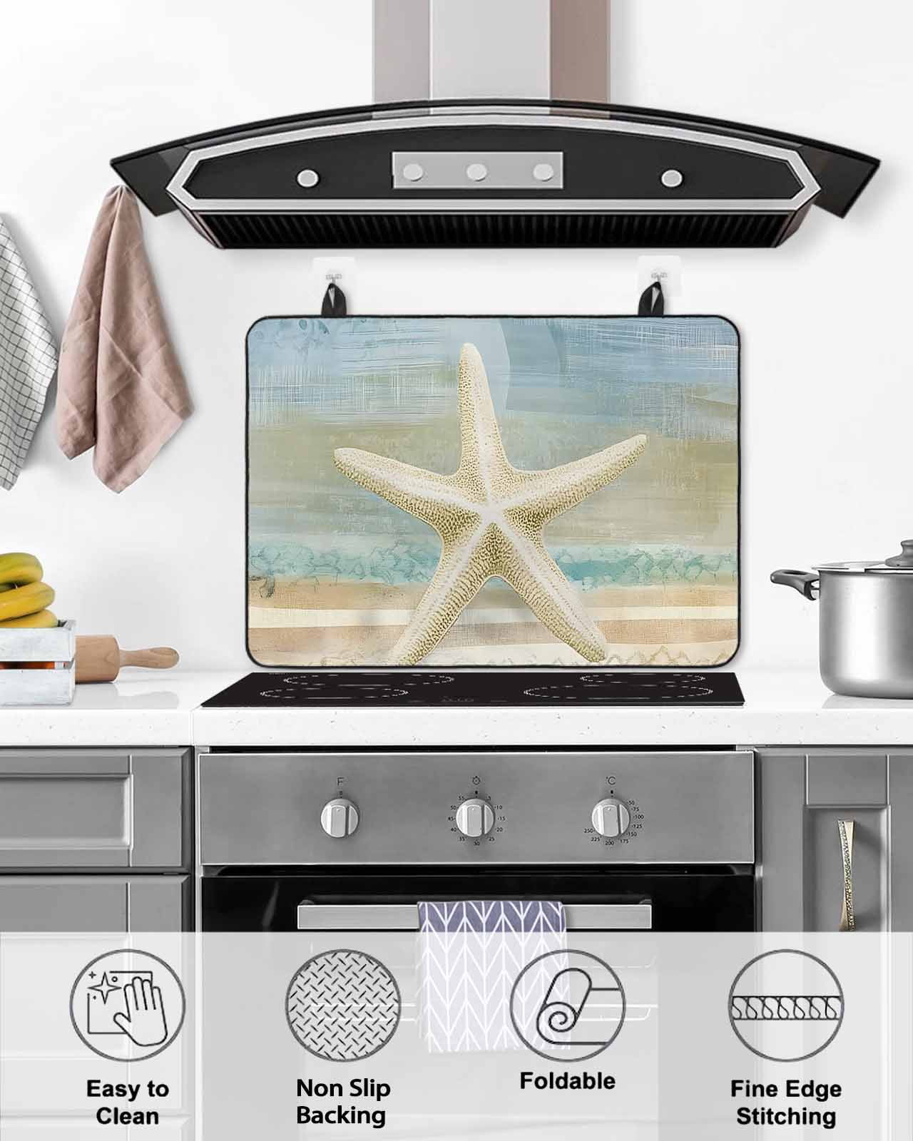 nqOlkjepod Large Induction Cooktop Protector Mat 24"x21", Coastal Beach Starfish Stove Top Covers for Electric Stove, Vintage Summer Ocean Stripe Stove Burner Cover Mats, Glass Top Stove Cover
